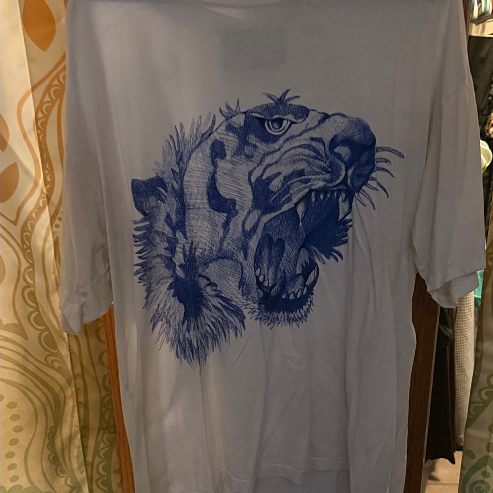 Gucci White Tee with Fierce Blue Tiger Graphic